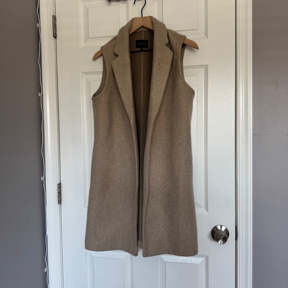 Love Tree Womens Oatmeal Tan Sleeveless Longline Open Front Vest Jacket S Boho